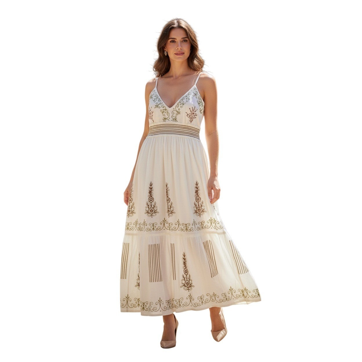 Pol Nwt Ivory 100% Cotton Gauze Embroidered Boho Maxi Dress Green Brown Floral S